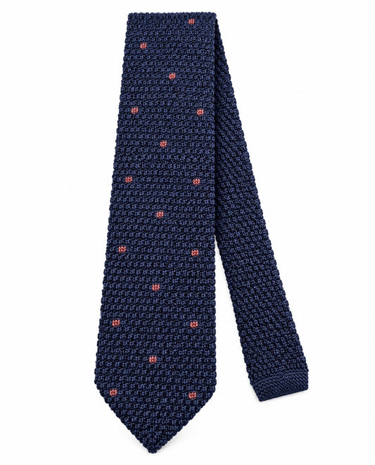 Strickkrawatte Dunkelblau mit braunem Punktmuster