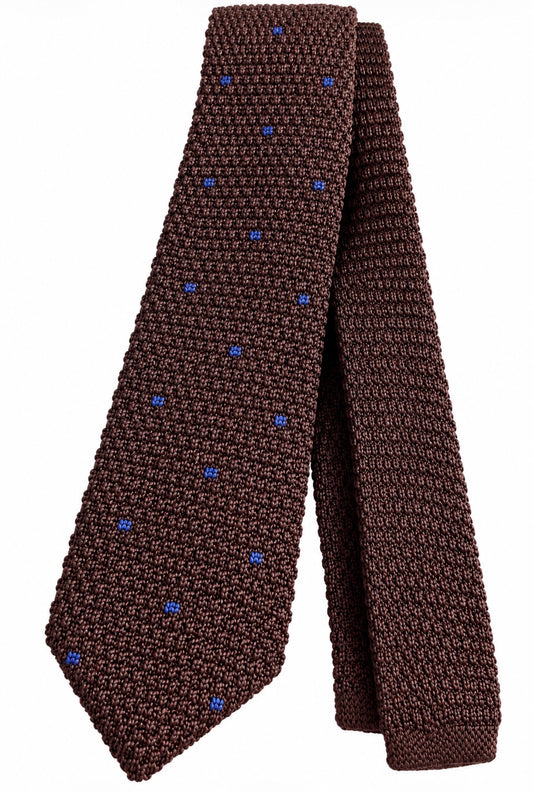Strickkrawatte Braun mit blauem Punktmuster