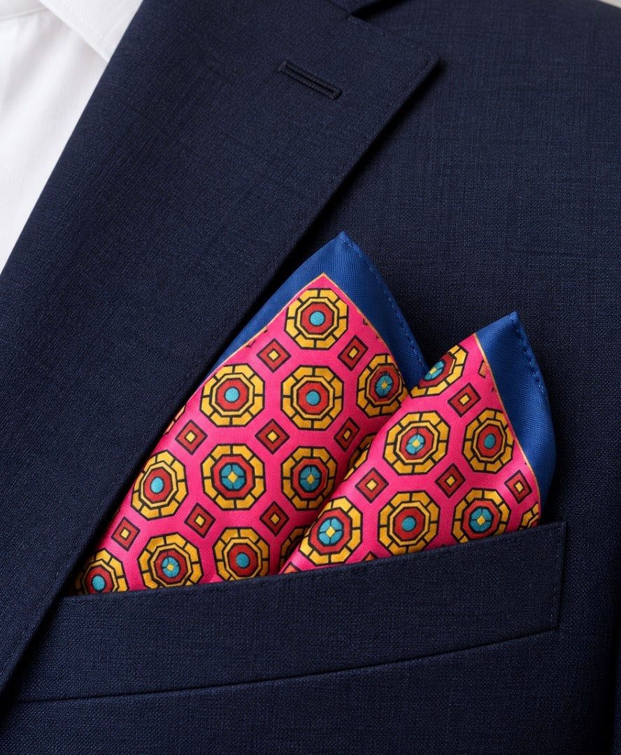 Einstecktuch Pink-Blau mit geometrischem Ornamentmuster