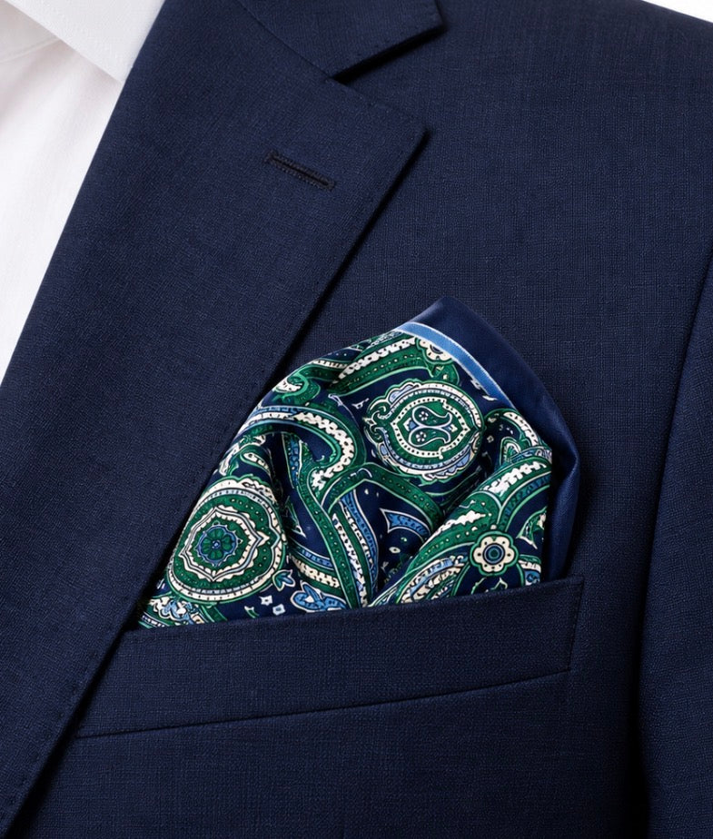 Einstecktuch Dunkelblau mit grünem Paisley-Design