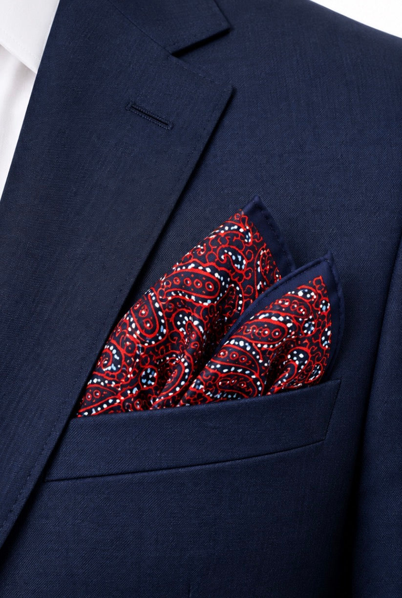 Einstecktuch Rot-Navy mit klassischem Paisley-Muster