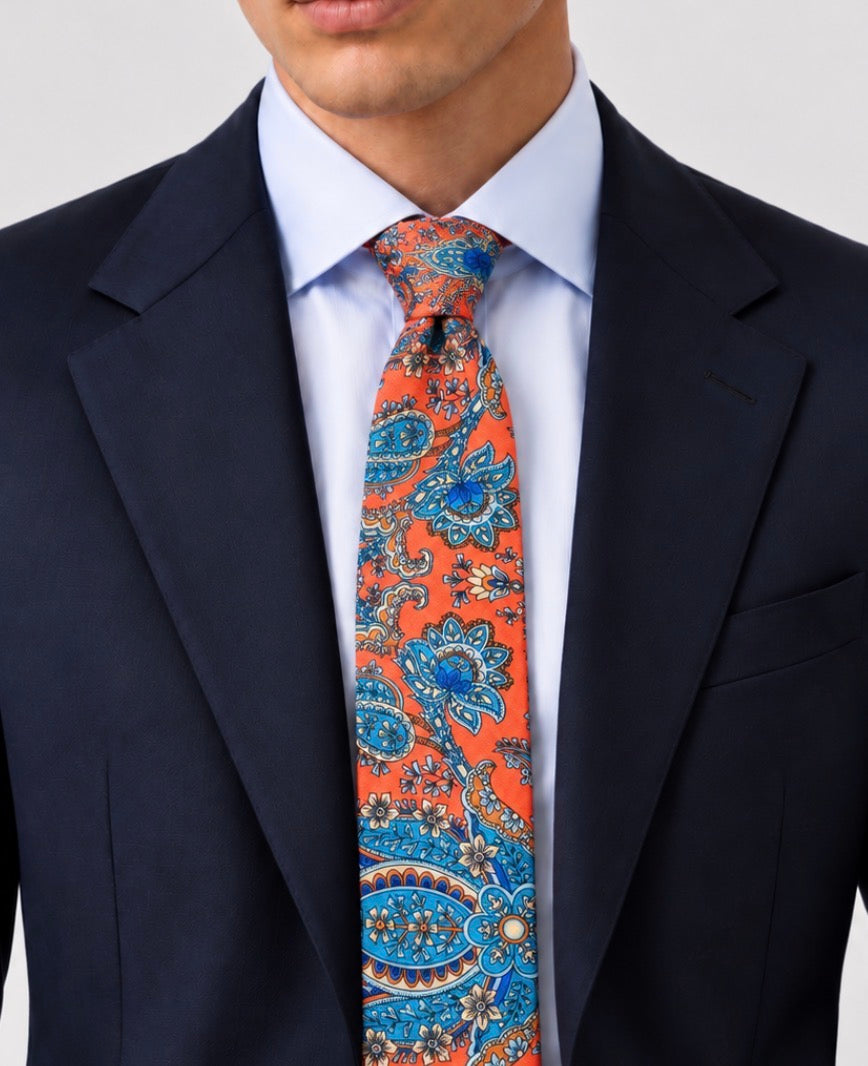 Krawatte Korallenorange mit floralem Paisley-Muster