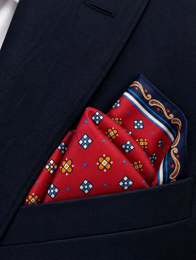 Einstecktuch Rot mit geometrischem Ornamentmuster und Navy-Rand