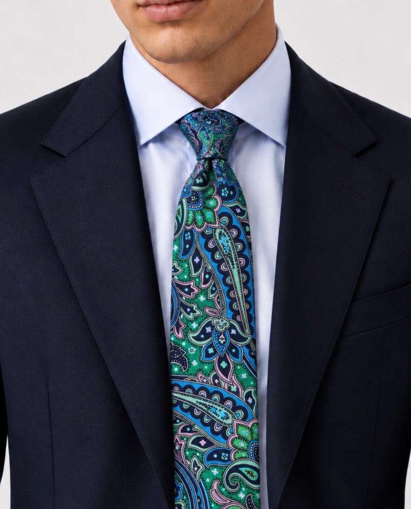 Krawatte Smaragdgrün mit mehrfarbigem Paisley-Muster