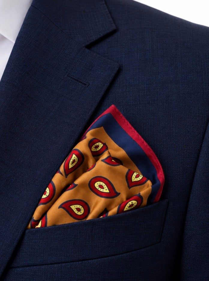 Einstecktuch Ocker mit Paisley-Motiv & Navy-Rand