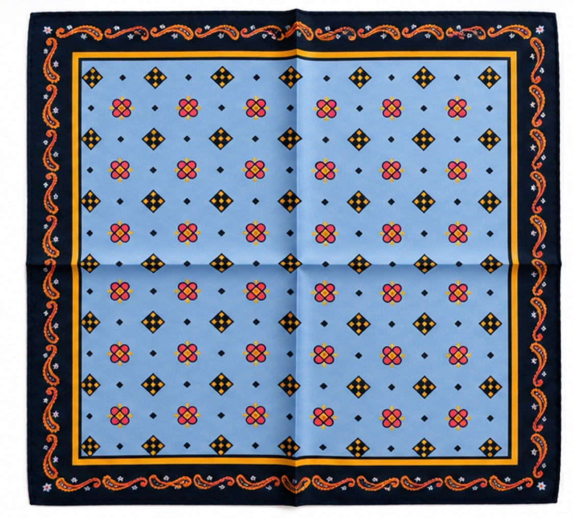 Einstecktuch Hellblau mit geometrischem Muster & Paisley-Bordüre