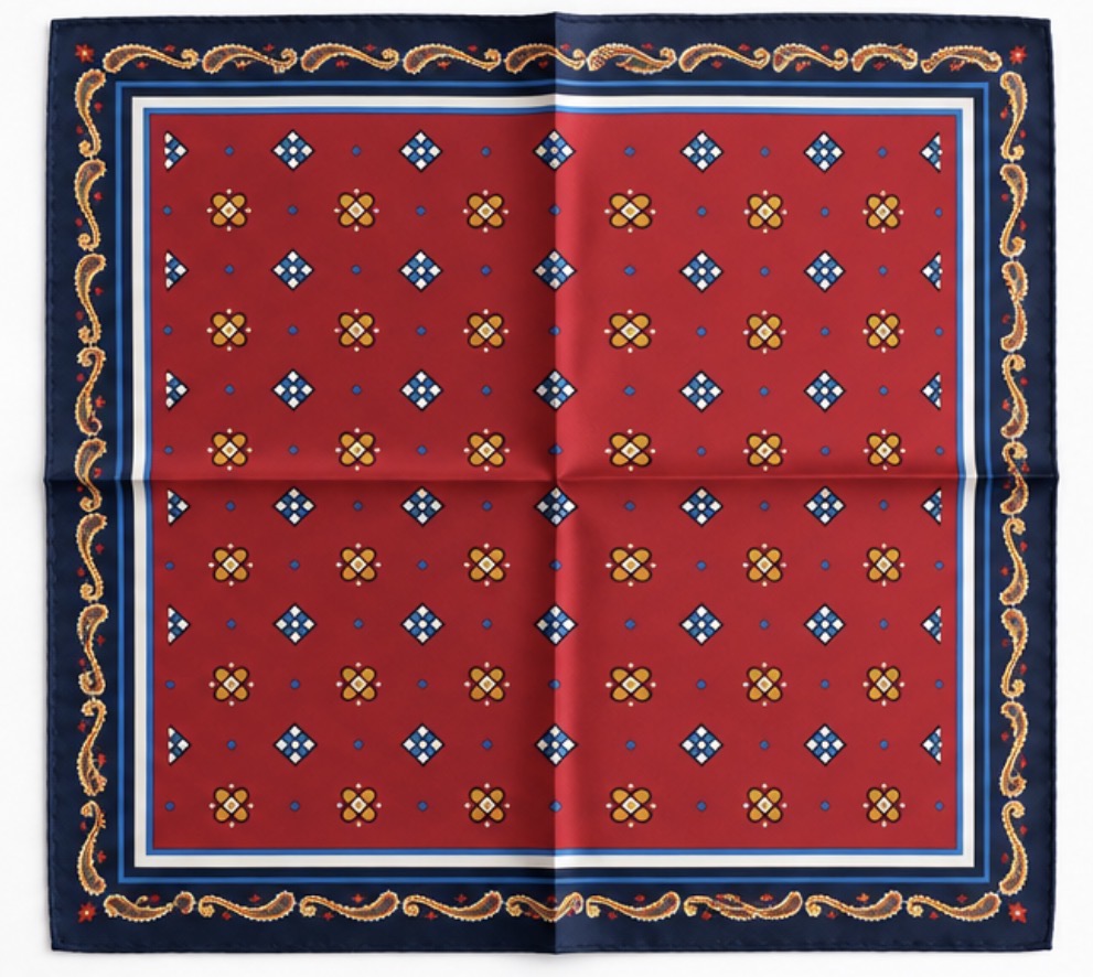 Einstecktuch Rot mit geometrischem Ornamentmuster und Navy-Rand
