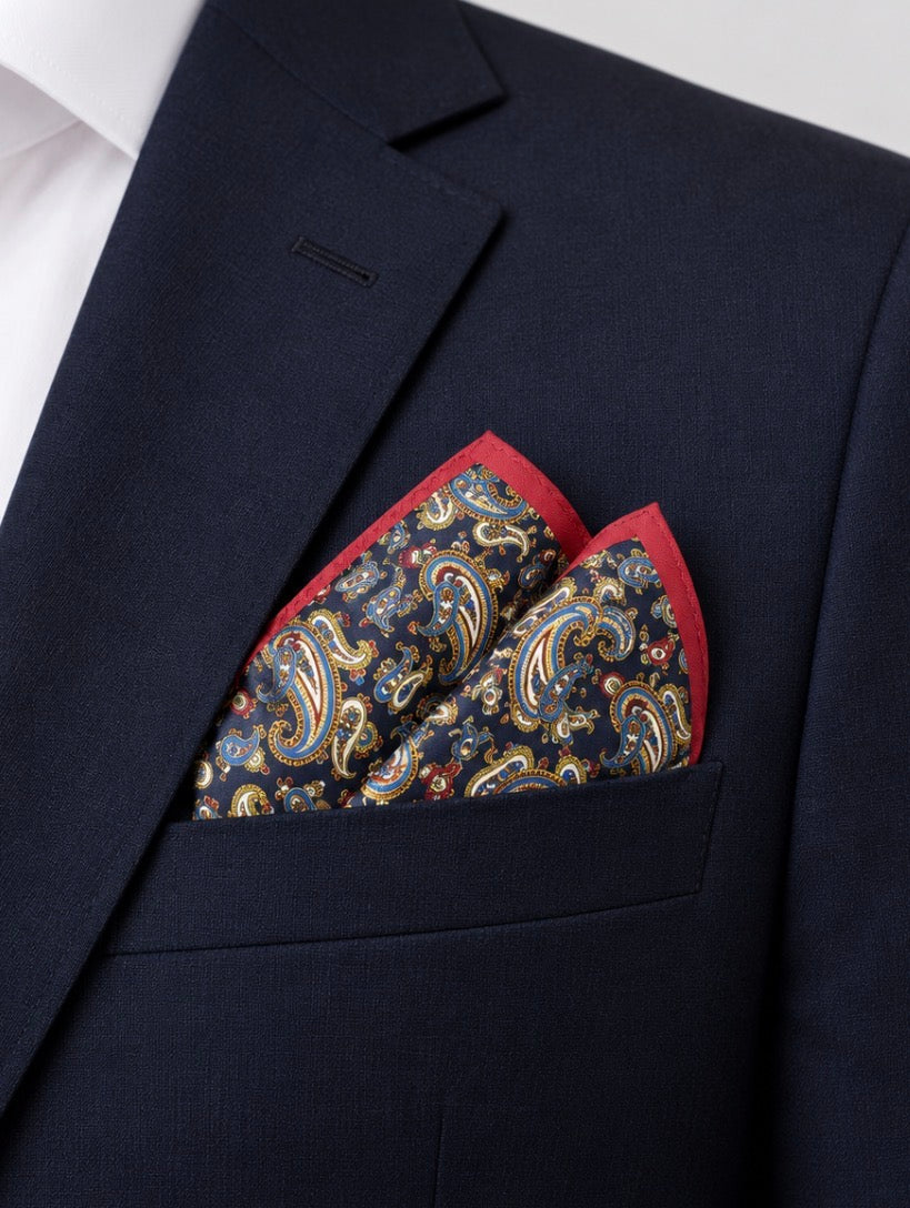Einstecktuch Navy mit Paisley-Muster & rotem Rand